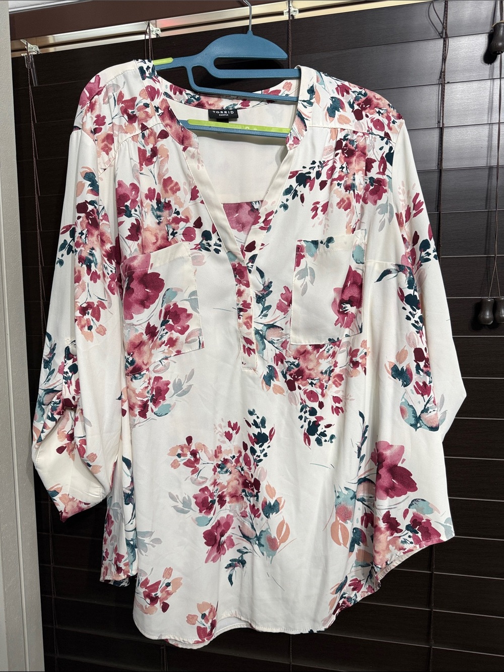 torrid White Blouse with Rose and Teal Floral Print